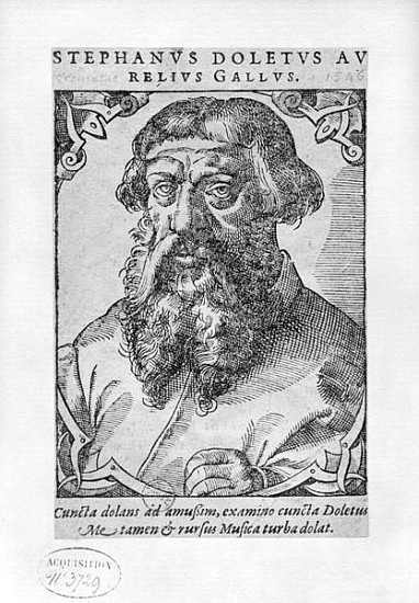 XIR239598 Etienne Dolet (1509-46) 1546 (engraving) (b/w photo) by French School, (16th century); Private Collection; (add. info.: imprisoned, hanged and burnt for sedition); Giraudon; French, out of copyright